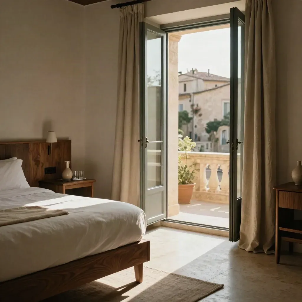 Camera d’albergo mediterranea con letto rifatto, lino e finestra aperta su un borgo