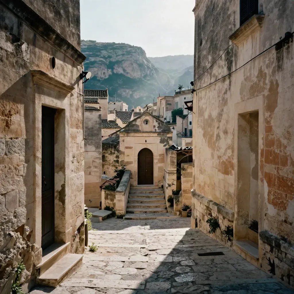 Vicolo di Matera in pietra con scala antica e canyon luminoso sullo sfondo