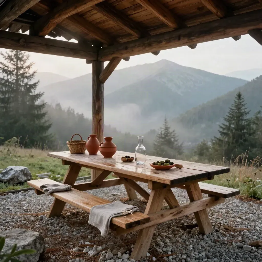 Rifugio in legno nel bosco con tavolo picnic pronto e Pollino sfumato nella nebbia mattutina