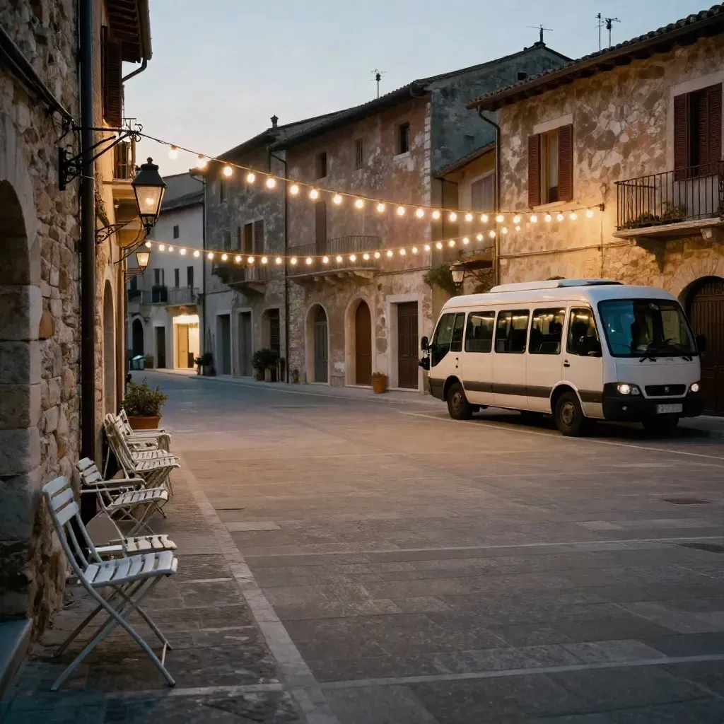 Piazza di paese pronta per la festa patronale, con arco di luci, sedie impilate e navetta in attesa.