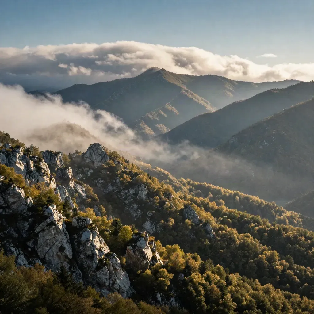 Panoramica del Pollino con faggi, creste rocciose e nuvole basse in movimento.